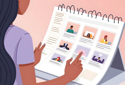 A person carefully curating and organizing social media content, selecting engaging images and graphics to post on various platforms. 