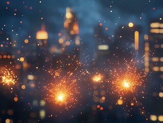 Vibrant firecracker sparks illuminate the night sky over a bustling cityscape celebrating festivities with a dazzling display of light and color