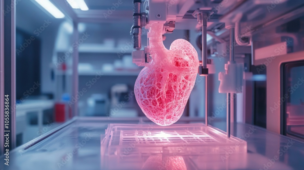 Poster a 3d printer is creating a model of a human heart. the heart is suspended in mid-air and is surround