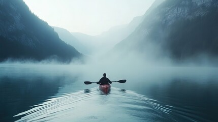 Solitary Kayaker Navigating a Foggy Mountain Lake