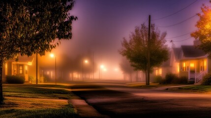 Fototapeta premium Misty suburban street at dawn with glowing streetlights