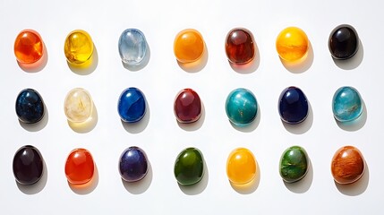 A gemstone collection featuring colorful cabochon-cut stones placed in a grid on a white background