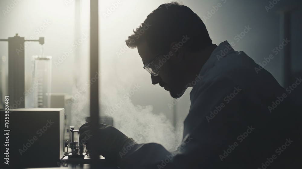Poster silhouetted scientist working with steam in a laboratory