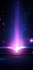 Open book with glowing light, cosmic background.