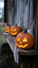 Obraz premium Abandoned barn with Halloween lanterns, spider webs covering the old farm equipment