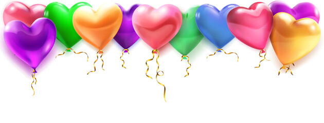 Festive Valentine's Day illustration with colored heart shaped helium balloons flying from above, on a white background.