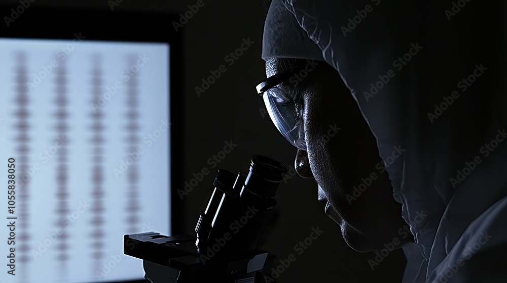 Poster scientist in protective gear examining a sample under a microscope