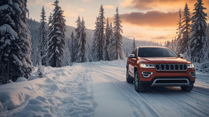 A family trip by SUV vehicle during the winter on a snowy road