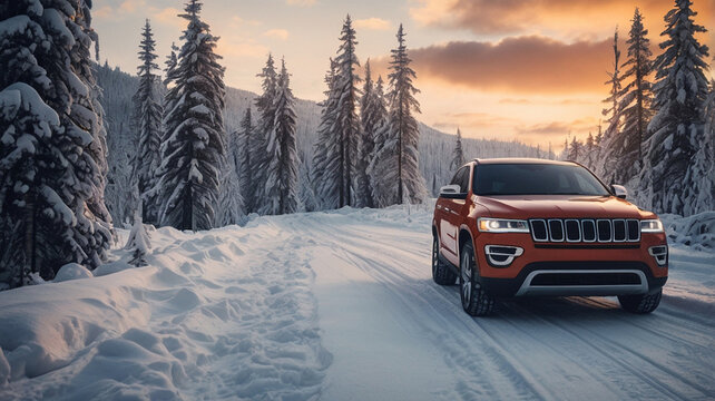A family trip by SUV vehicle during the winter on a snowy road