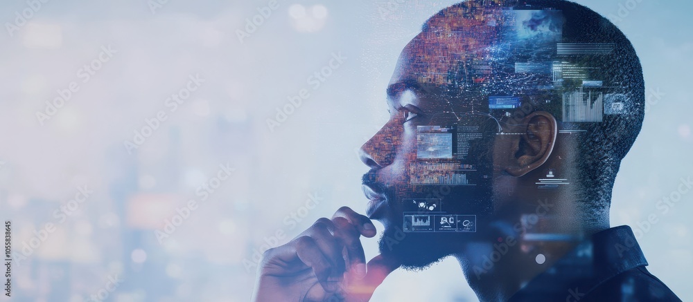 Poster a thought-provoking double exposure of an ai-generated image on the right and various icons represen