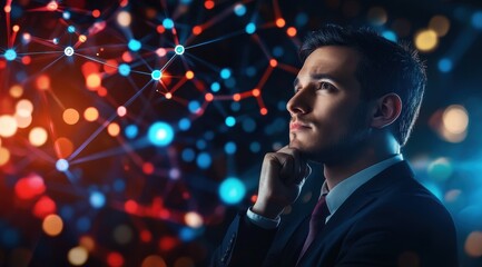 A businessman with his hand on his chin, thinking about something. Behind him is an abstract brain network in blue and red tones, with glowing dots connected