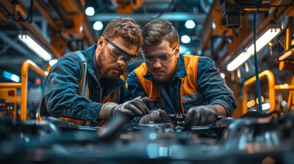 Two colleagues working at car underbody in modern factory