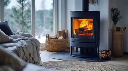 Wooden pellet heating stove in a cozy living room setting