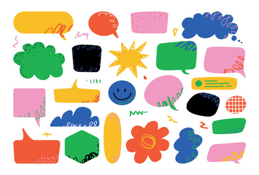 A colorful collage of a variety of textural speech and thought bubbles of various shapes, symbolizing communication, ideas and creativity.