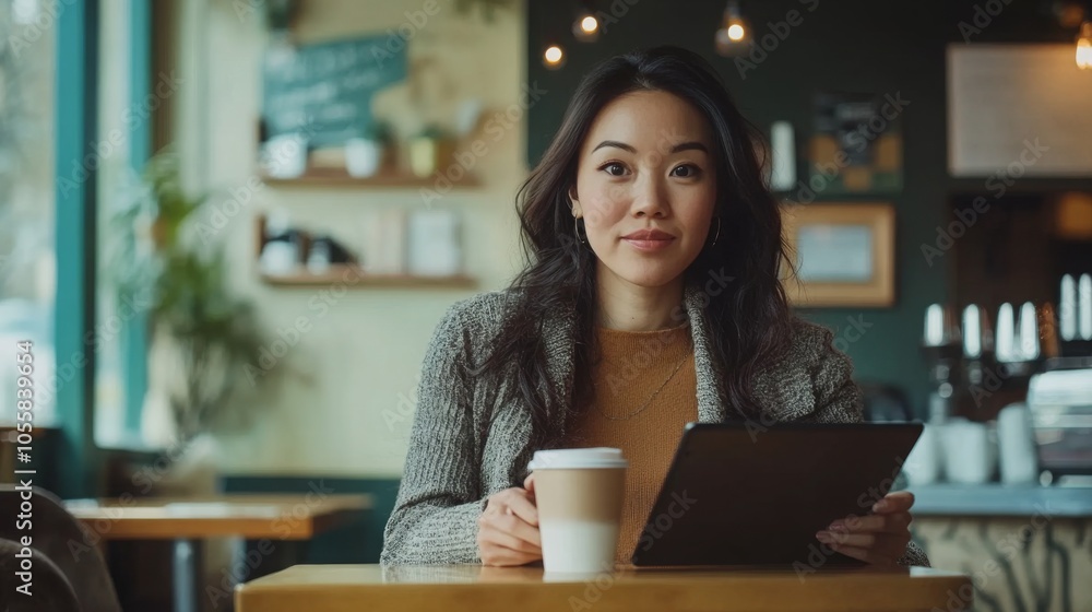 Poster a young woman sits at a wooden table in a warm cafe, sipping coffee from a paper cup while intently 