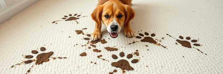 Funny dog leaving muddy paw prints on a clean white carpet, creating a messy and amusing scene, muddy, mischievous