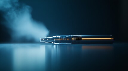 Fototapeta premium A stylish electronic cigarette with a metallic finish emitting a small puff of vapor against a dark background