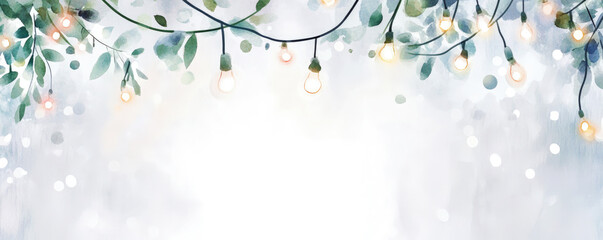 A watercolor painting of a delicate garland with hanging lights, surrounded by leaves and a soft, dreamy background, template greeting card, copy space.