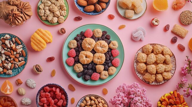 N o v r u z holiday. N o v r u z table. , baklava, sugar candies, nuts and other cookies, dried fruits on a colored background