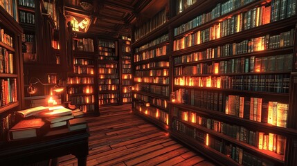 Virtual 3D bookshelf, where each book glows