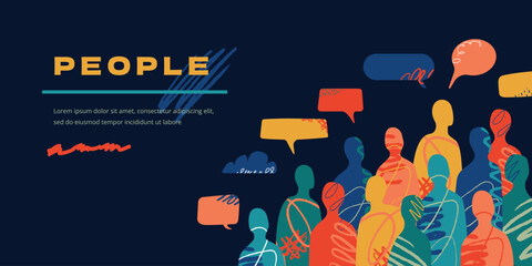 A banner with a multicolored crowd of abstract human silhouettes and conversation bubbles above them. A collage of people and with scratch lines and scribbles.