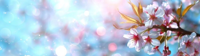Obraz premium Close up of a cherry blossom tree with pink flowers and blue sky