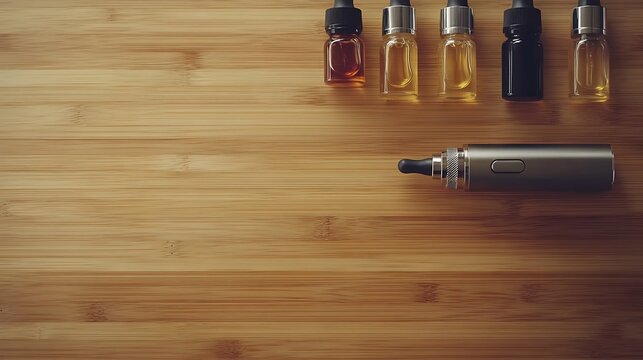 A flat lay of an electronic cigarette and various e-liquid bottles placed on a minimalist wooden surface