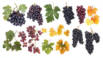 Set of various types of grapes (Black, white and red grape) with leaf flying isolated on white background.
