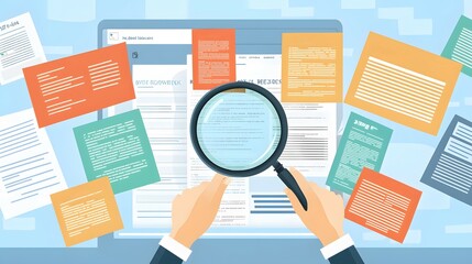 : A person surrounded by oversized, colorful keywords floating in the air. They hold a magnifying glass, analyzing each keyword&rsquo;s relevance. The background is a blurred search engine results 