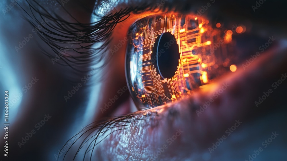 Poster A macro shot of a human eye with a circuit board pattern glowing in the center of the pupil. The image focuses on the eye, with the rest of the face blurred in the background.