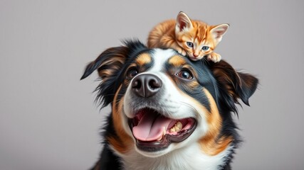 Happy mixed breed dog with a kitten perched on its head, looking content and playful, pet, kitten