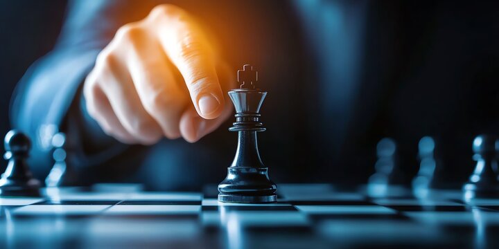 Close-up of a hand moving a chess piece on a board, strategic gameplay in progress.