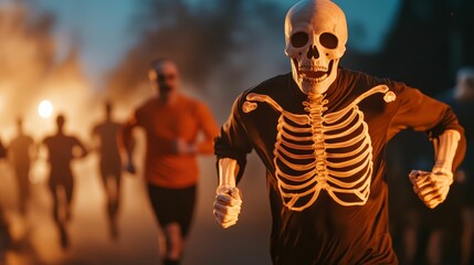 Runners in a night-time Halloween 5K, glowing skeleton costumes and eerie fog along the route