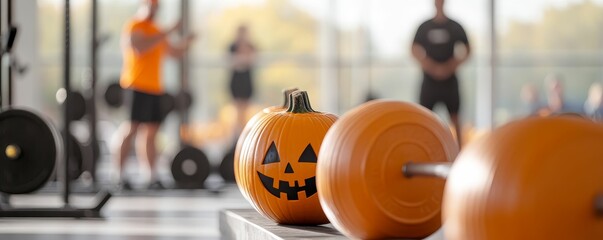 Gym filled with weightlifters in Halloween costumes, spooky decorations surrounding them as they lift
