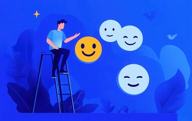 Naklejka premium A man reaching for a happy face symbol while on a ladder, with sad and neutral faces alongside him, depicted in a vector illustration showcasing customer experience quality scales