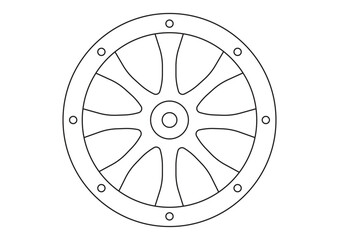 Black and white old wheel vintage cartoon vector flat design isolated on white background. Coloring page of old wheel
