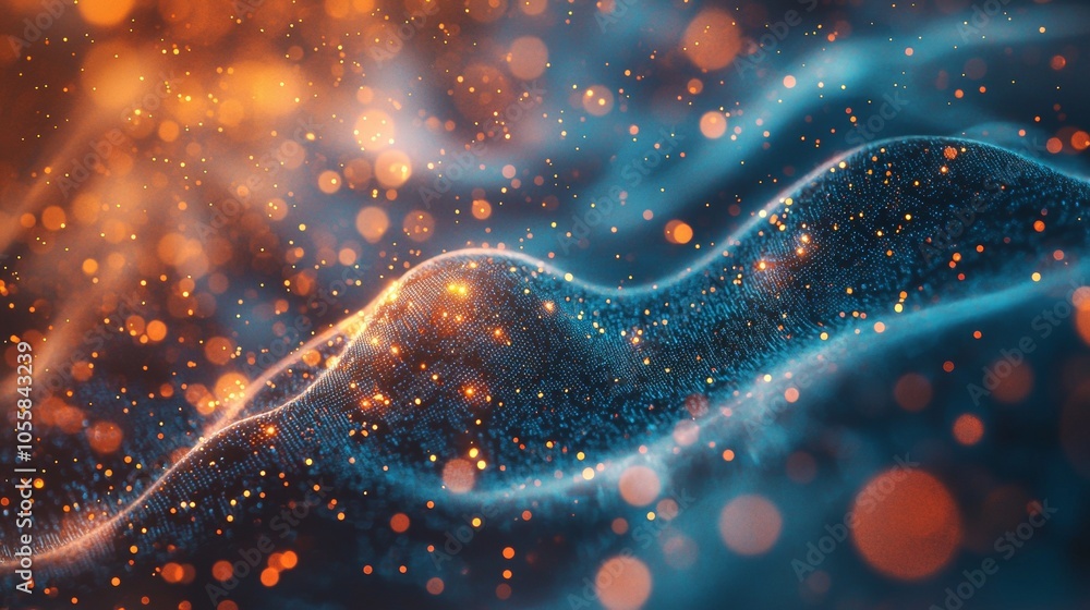Poster abstract glowing particles on a digital wave in a dark background