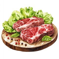 Fototapeta premium Delicious Beef Steak with Fresh Lettuce and Pepper on Wooden Plate. Watercolor Illustration