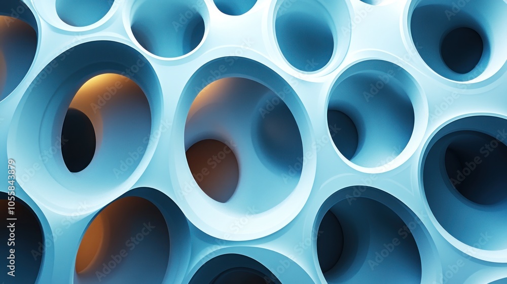 Poster abstract blue structure with circular openings and soft lighting.