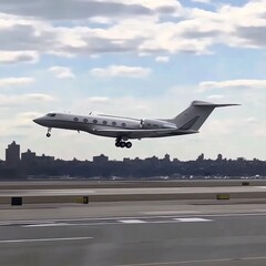 Obraz premium Private jet taking off from an airport runway with a city skyline in the background.