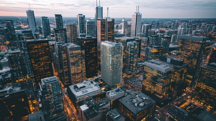 Aerial View of a City Skyline with Skyscrapers and Street Lights