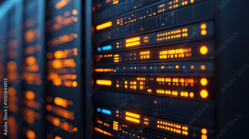 Poster closeup of modern server with illuminated controls
