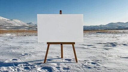Winter mockup of a blank canvas on an easel in a snow-covered field, with distant mountains and a clear blue sky, perfect for outdoor winter art presentations. . Video