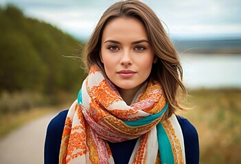 beautiful model girl in a neckerchief against the backdrop of nature