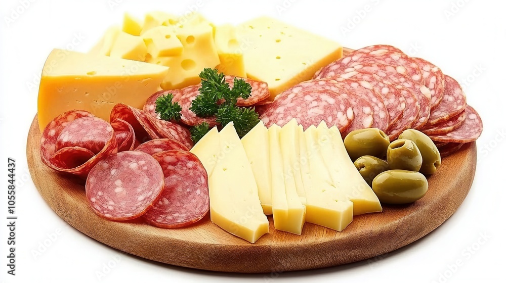 Wall mural Gourmet cheese charcuterie platter on wooden board