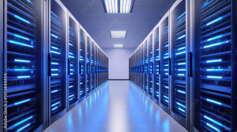 Poster side view of server racks in modern data center