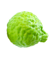 Top view of single fresh bergamot fruit or kaffir lime isolated on white background with clipping path