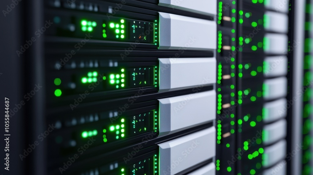 Poster closeup view of server rack with green indicators