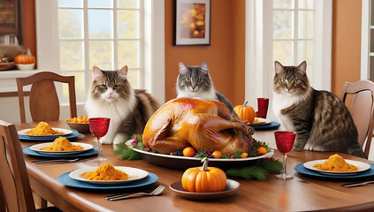 Thanksgiving party scene featuring a large dining table set with a beautifully roasted turkey as the centerpiece,chubby cats sit patiently, eagerly waiting for their turn to enjoy the feast