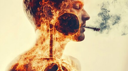 A visual of a smoker inhaling, with the outline of darkened lungs appearing inside their chest
